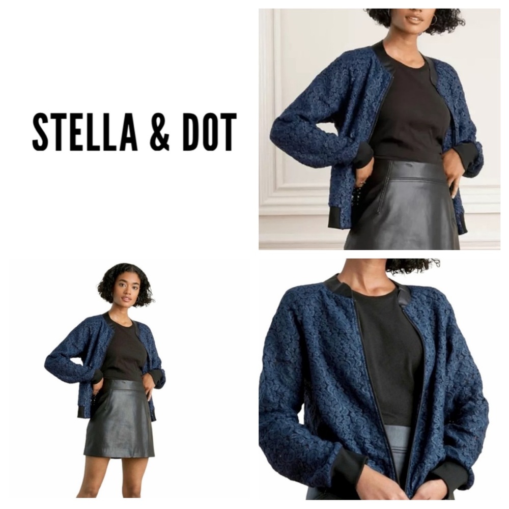 Stella & Dot Downtown Bomber Navy Lace Faux Leather Collar Front Zip Jacket